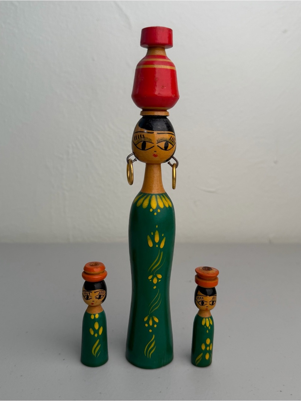 Hand-Painted Wooden Figurine Trio in Green & Red